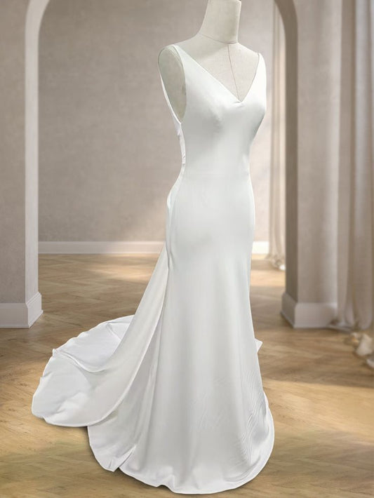 Simple Mermaid V Neck White Satin Backless Long Wedding Dress GG2966