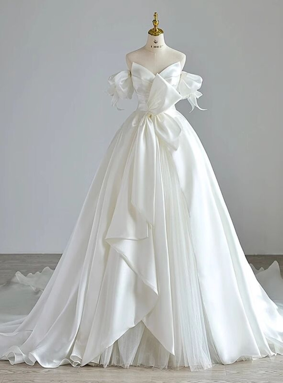 Elegant A Line Off The Shoulder White Satin Tulle Long Wedding Dress GG2968