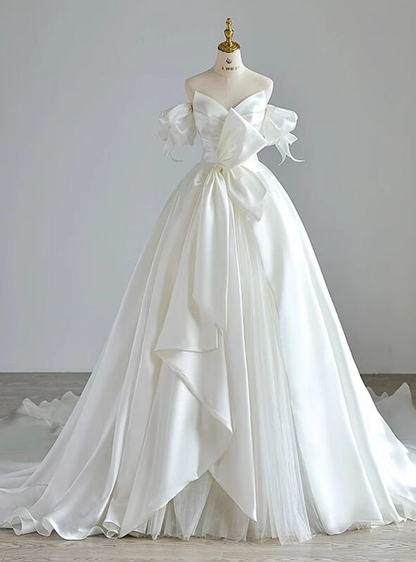 Elegant A Line Off The Shoulder White Satin Tulle Long Wedding Dress GG2968