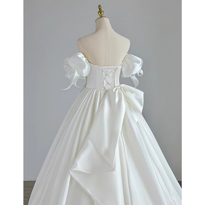Elegant A Line Off The Shoulder White Satin Tulle Long Wedding Dress GG2968