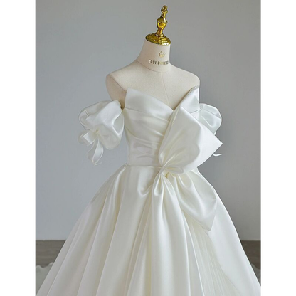 Elegant A Line Off The Shoulder White Satin Tulle Long Wedding Dress GG2968