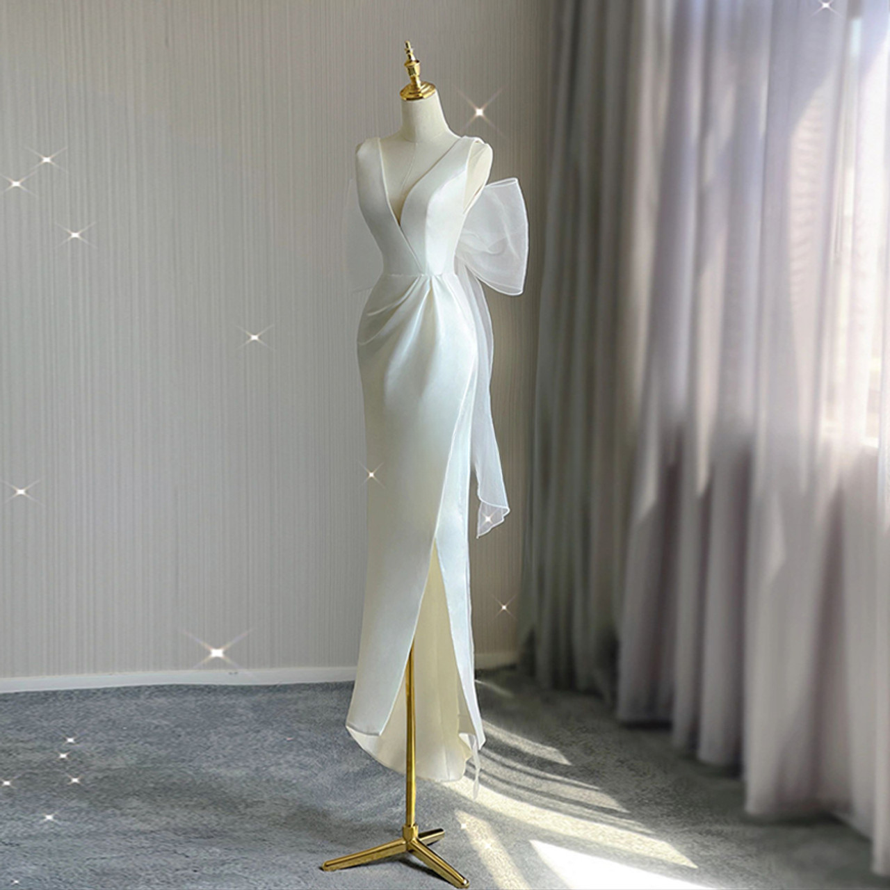 Classy Mermaid V Neck White Satin Slit Back With Bow Long Wedding Dress GG2969