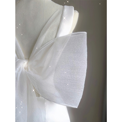 Classy Mermaid V Neck White Satin Slit Back With Bow Long Wedding Dress GG2969