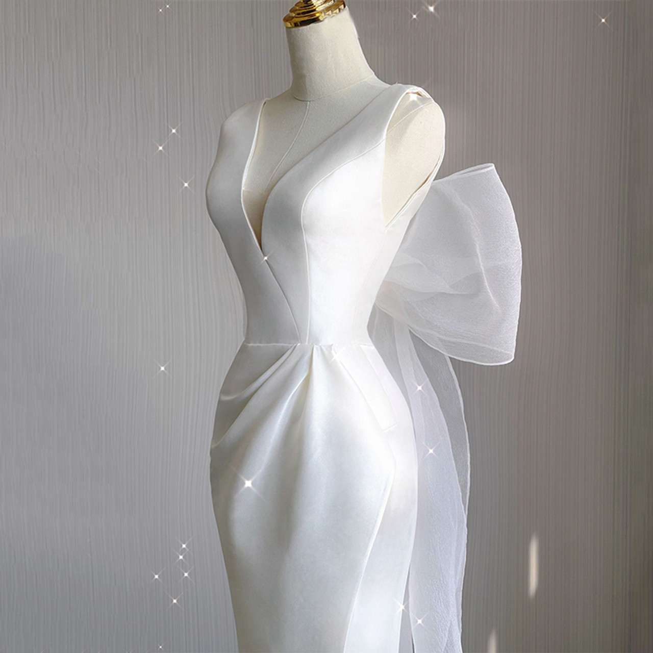 Classy Mermaid V Neck White Satin Slit Back With Bow Long Wedding Dress GG2969