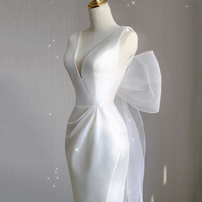 Classy Mermaid V Neck White Satin Slit Back With Bow Long Wedding Dress GG2969