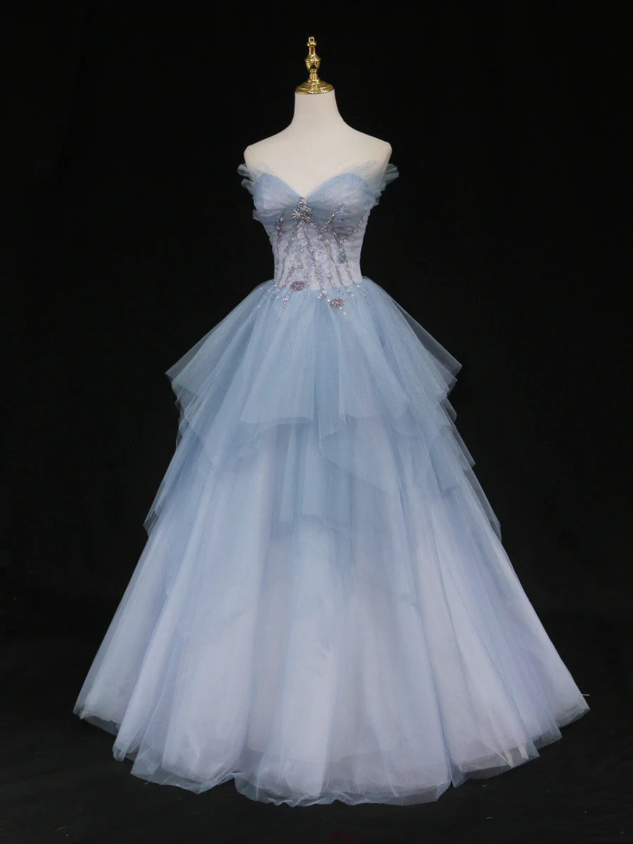 Chic A Line Strapless Pale Blue Sweetheart Tulle Beading Long Prom Dress,Evening Dress GG296