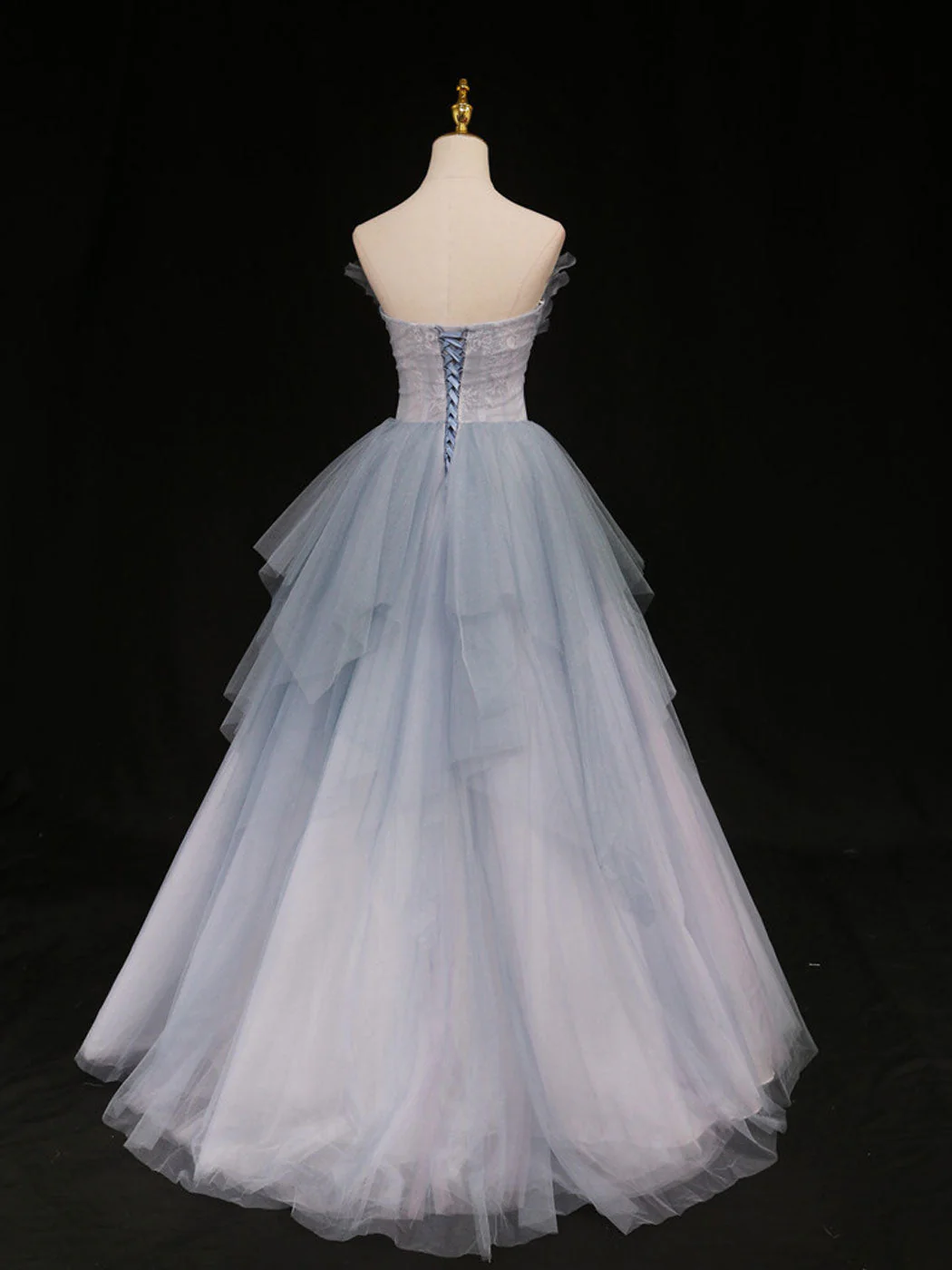 Chic A Line Strapless Pale Blue Sweetheart Tulle Beading Long Prom Dress,Evening Dress GG296