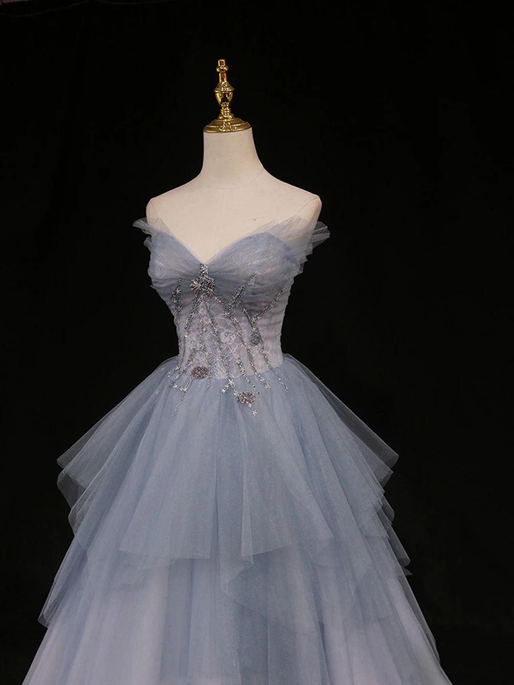 Chic A Line Strapless Pale Blue Sweetheart Tulle Beading Long Prom Dress,Evening Dress GG296