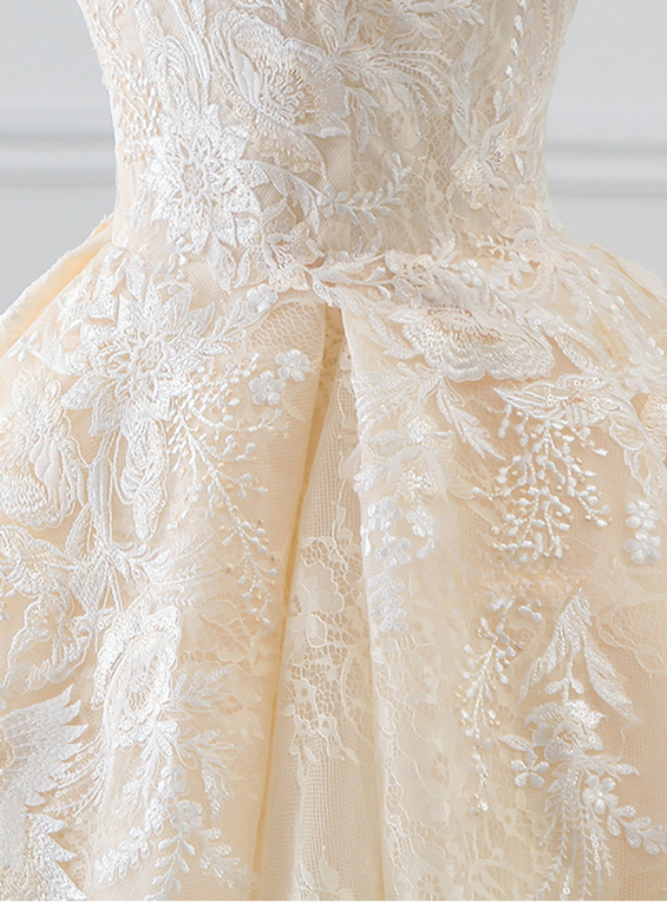 Classic Ball Gown Off The Shoulder Champagne Tulle Lace Applique With Train Long Wedding Dress GG2970