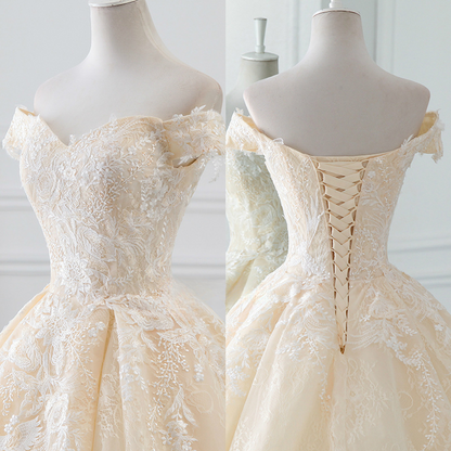 Classic Ball Gown Off The Shoulder Champagne Tulle Lace Applique With Train Long Wedding Dress GG2970
