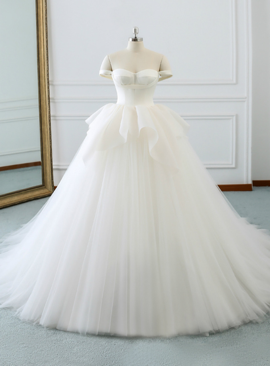 Classy Elegant Ball Gown Off The Shoulder White Satin Tulle Long Wedding Dress GG2971