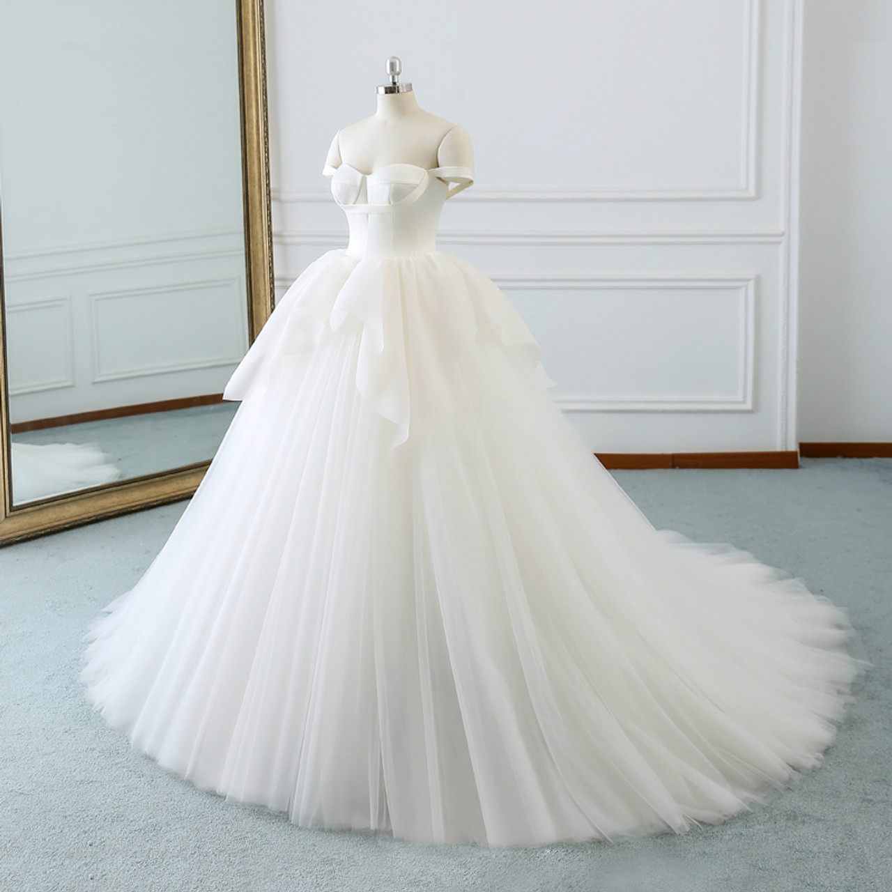 Classy Elegant Ball Gown Off The Shoulder White Satin Tulle Long Wedding Dress GG2971