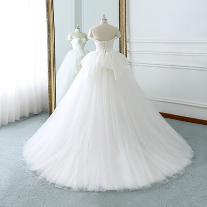 Classy Elegant Ball Gown Off The Shoulder White Satin Tulle Long Wedding Dress GG2971