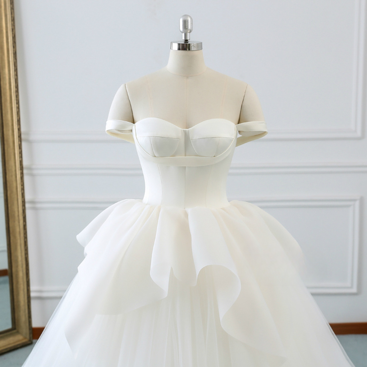 Classy Elegant Ball Gown Off The Shoulder White Satin Tulle Long Wedding Dress GG2971