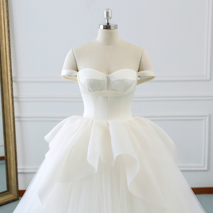 Classy Elegant Ball Gown Off The Shoulder White Satin Tulle Long Wedding Dress GG2971
