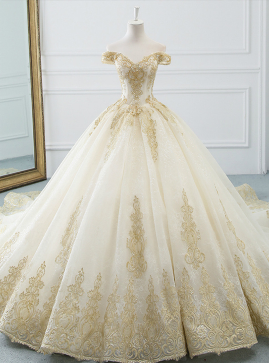 Timeess Ball Gown Off The Shoulder Tulle Lace Applique Long Wedding Dress GG2972