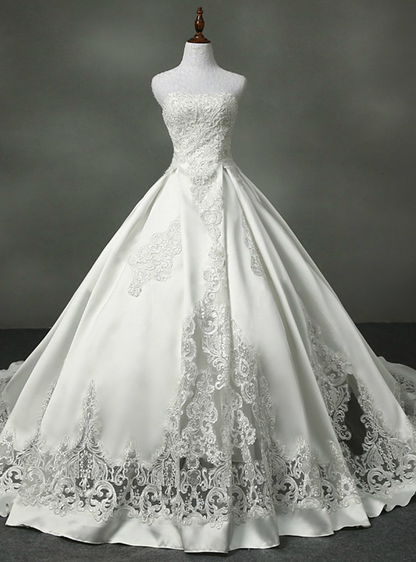 Classic Ball Gown Strapless White Satin Lace Applique Long Wedding Dress GG2974