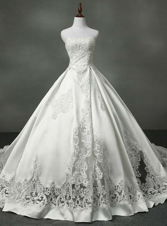 Classic Ball Gown Strapless White Satin Lace Applique Long Wedding Dress GG2974