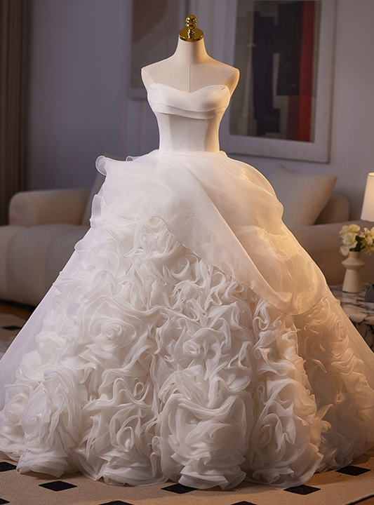 Vintage Elegant Ball Gown Strapless White Satin Chiffon Long Wedding Dress GG2976