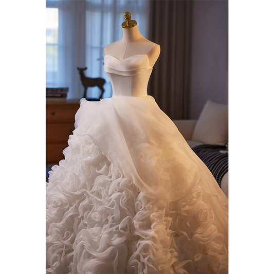 Vintage Elegant Ball Gown Strapless White Satin Chiffon Long Wedding Dress GG2976