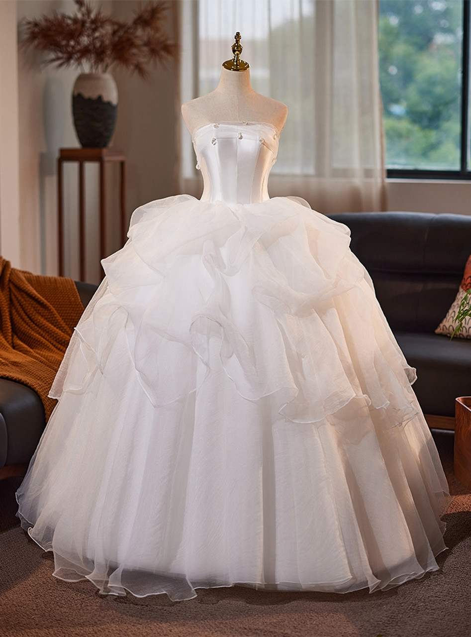 Pretty Ball Gown Strapless White Satin Tulle Long Wedding Dress GG2977