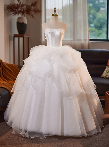 Pretty Ball Gown Strapless White Satin Tulle Long Wedding Dress GG2977
