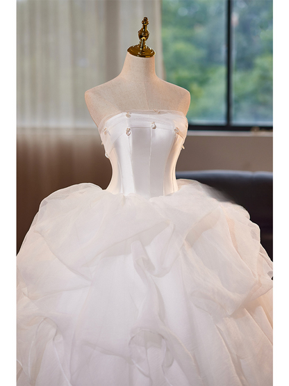 Pretty Ball Gown Strapless White Satin Tulle Long Wedding Dress GG2977