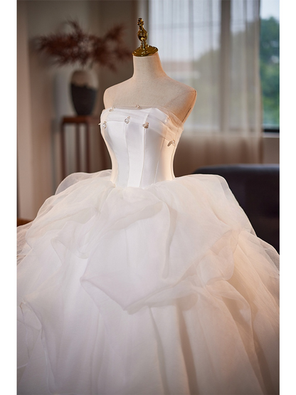 Pretty Ball Gown Strapless White Satin Tulle Long Wedding Dress GG2977