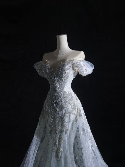 Timeless Mermaid Off The Shoulder Tulle Sequin Beaded Long Wedding Dress GG2979