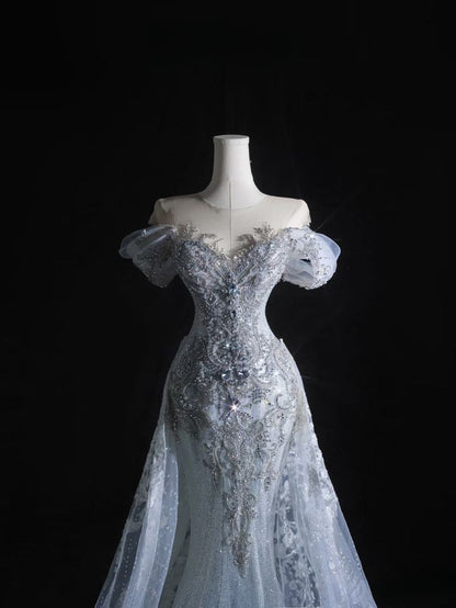 Timeless Mermaid Off The Shoulder Tulle Sequin Beaded Long Wedding Dress GG2979