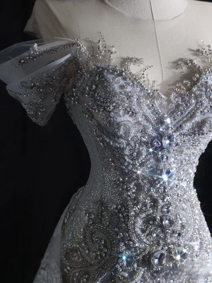 Timeless Mermaid Off The Shoulder Tulle Sequin Beaded Long Wedding Dress GG2979