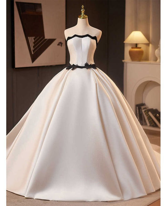 Unique Ball Gown Strapless Satin Bow Long Wedding Dress GG2981