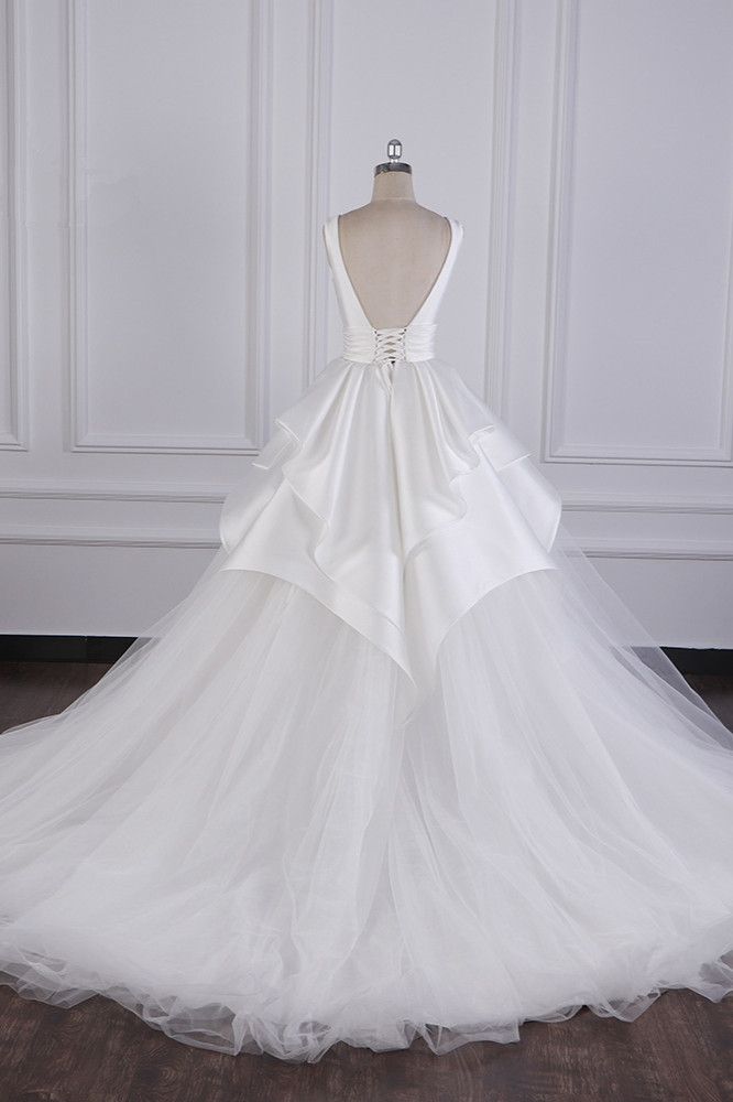 Princess Ball Gown V Neck White Satin Tulle Long Wedding Dress GG2982