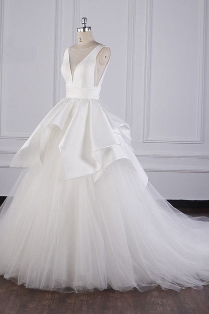 Princess Ball Gown V Neck White Satin Tulle Long Wedding Dress GG2982
