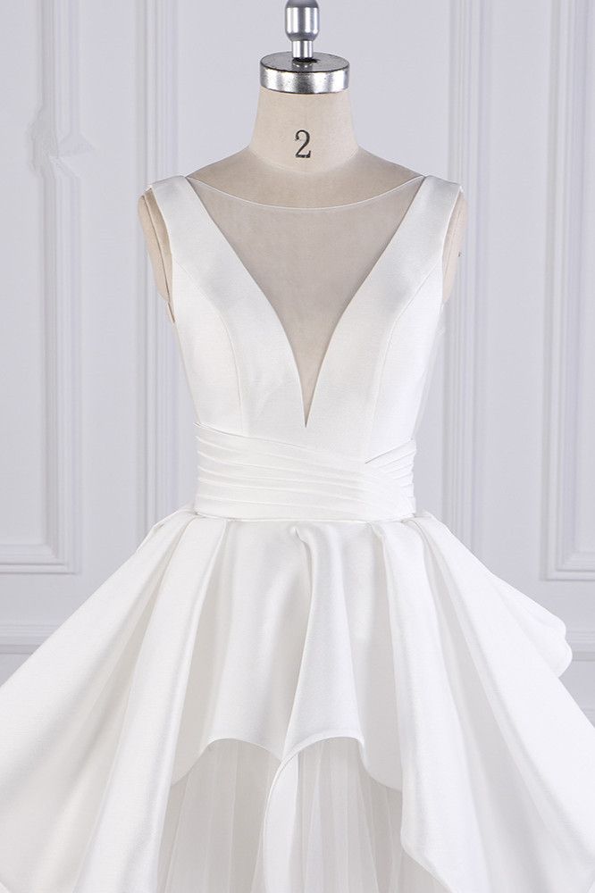 Princess Ball Gown V Neck White Satin Tulle Long Wedding Dress GG2982