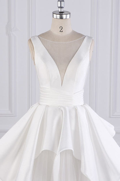 Princess Ball Gown V Neck White Satin Tulle Long Wedding Dress GG2982