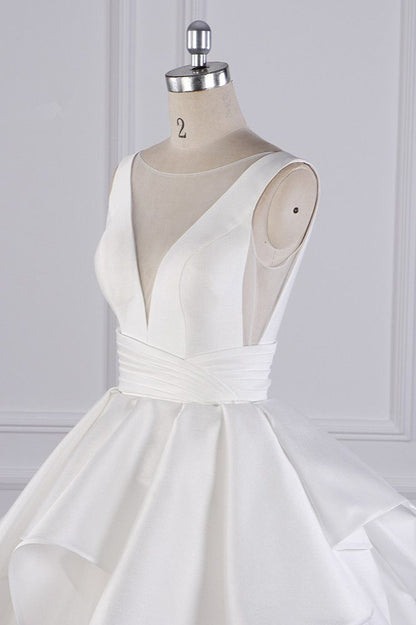 Princess Ball Gown V Neck White Satin Tulle Long Wedding Dress GG2982