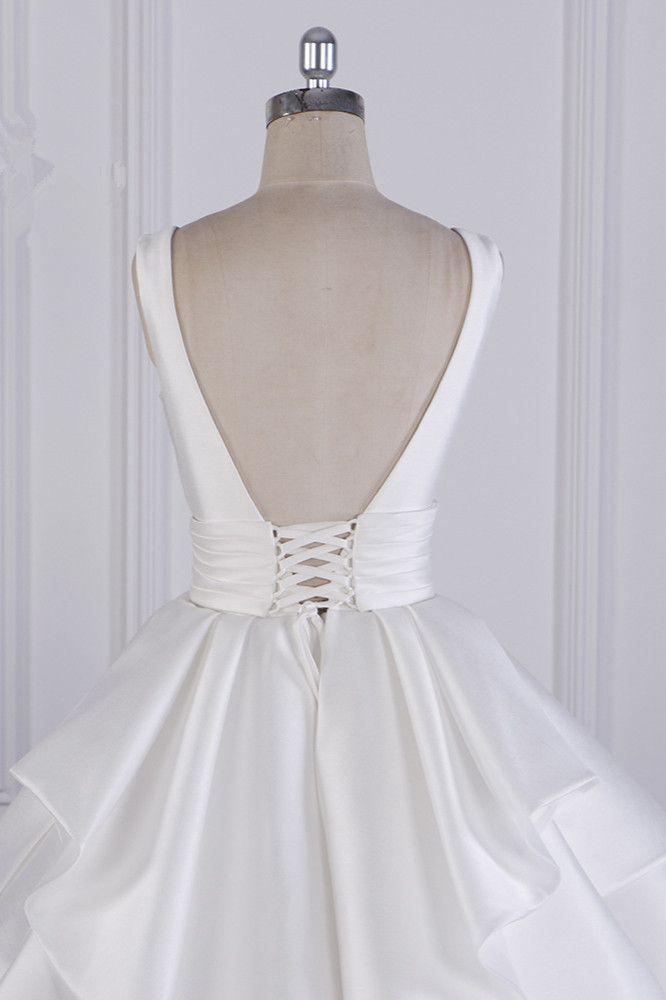Princess Ball Gown V Neck White Satin Tulle Long Wedding Dress GG2982