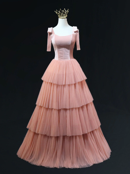 Elegant A Line Square Peach Velvet Stitching Layered Tulle Long Prom Dress,Evening Dress GG298