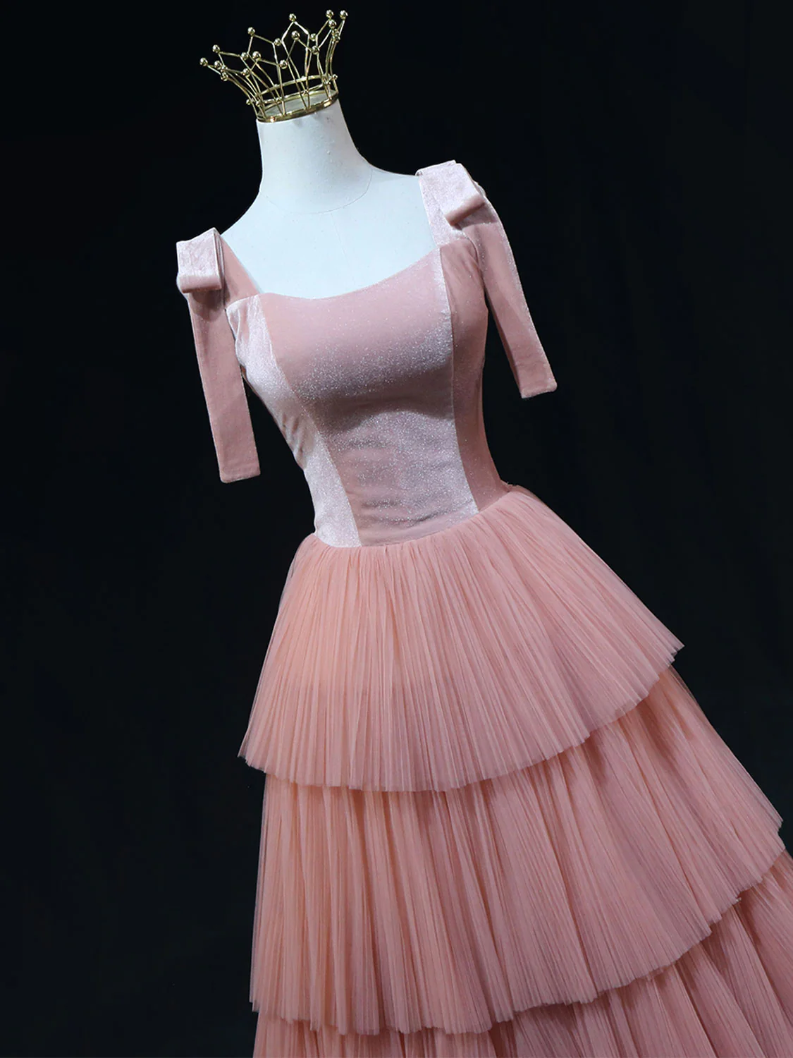 Elegant A Line Square Peach Velvet Stitching Layered Tulle Long Prom Dress,Evening Dress GG298