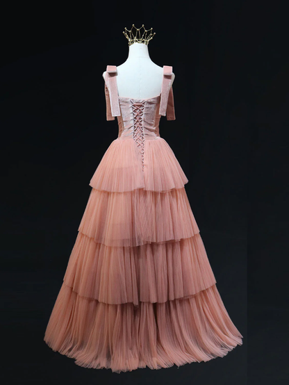 Elegant A Line Square Peach Velvet Stitching Layered Tulle Long Prom Dress,Evening Dress GG298