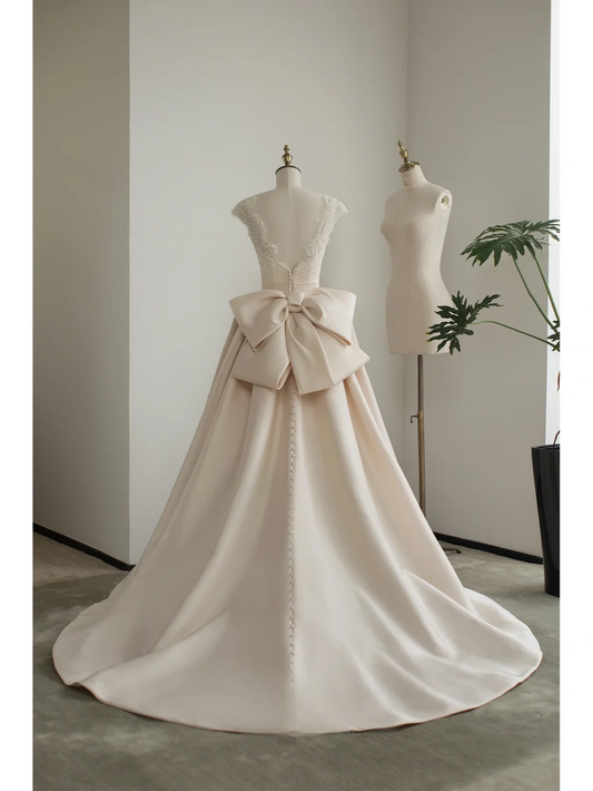 Unique Ball Gown V Neck Light Champagne Satin Lace Long Wedding Dress GG2990