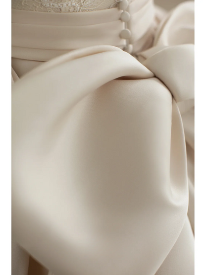 Unique Ball Gown V Neck Light Champagne Satin Lace Long Wedding Dress GG2990