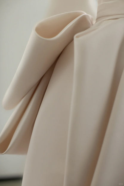 Unique Ball Gown V Neck Light Champagne Satin Lace Long Wedding Dress GG2990