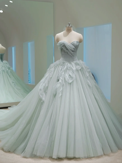 Pretty Ball Gown Strapless Tiffany Blue Tulle Long Wedding Dress GG2993