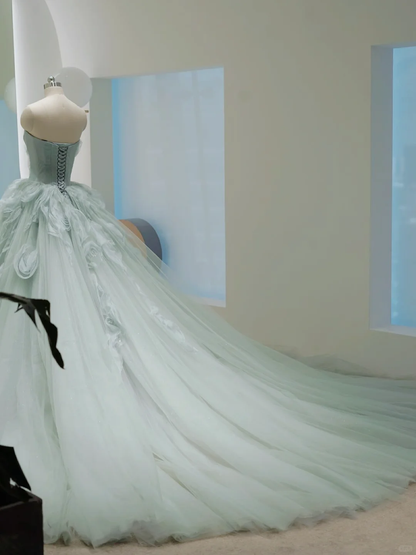 Pretty Ball Gown Strapless Tiffany Blue Tulle Long Wedding Dress GG2993