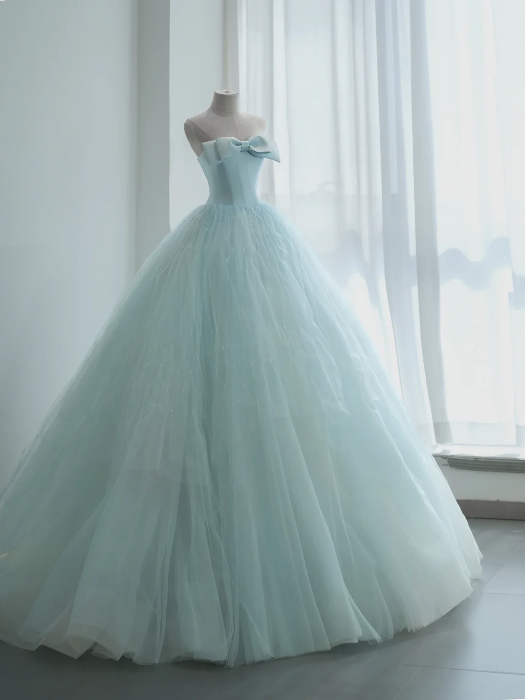 Princess Ball Gown Strapless Pale Blue Satin Tulle Long Wedding Dress GG2995