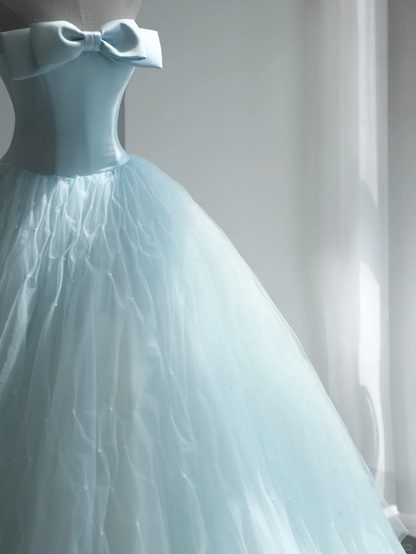 Princess Ball Gown Strapless Pale Blue Satin Tulle Long Wedding Dress GG2995