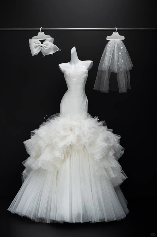 Unique Mermaid Strapless White Satin Tulle With Wedding Veil Long Wedding Dress GG2998