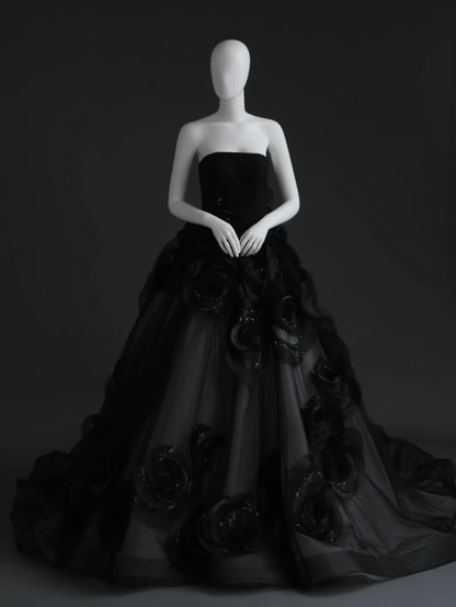Unique Black Ball Gown Strapless Satin Tulle Flowers Long Wedding Dress GG2999